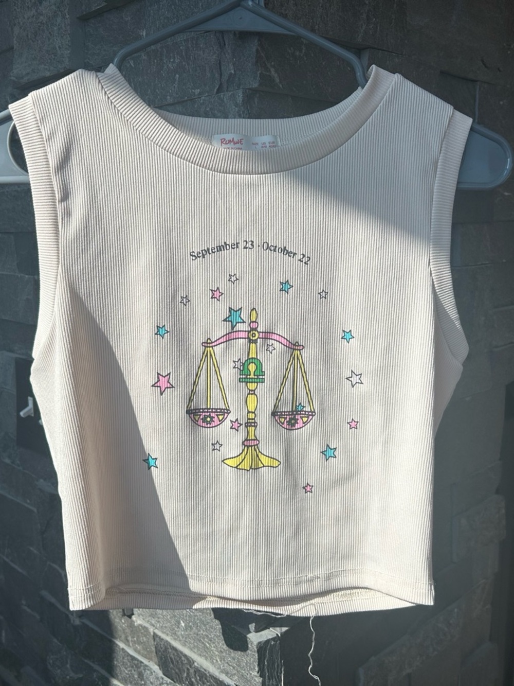 ROMWE Cream Ribbed Libra Scales Graphic Top